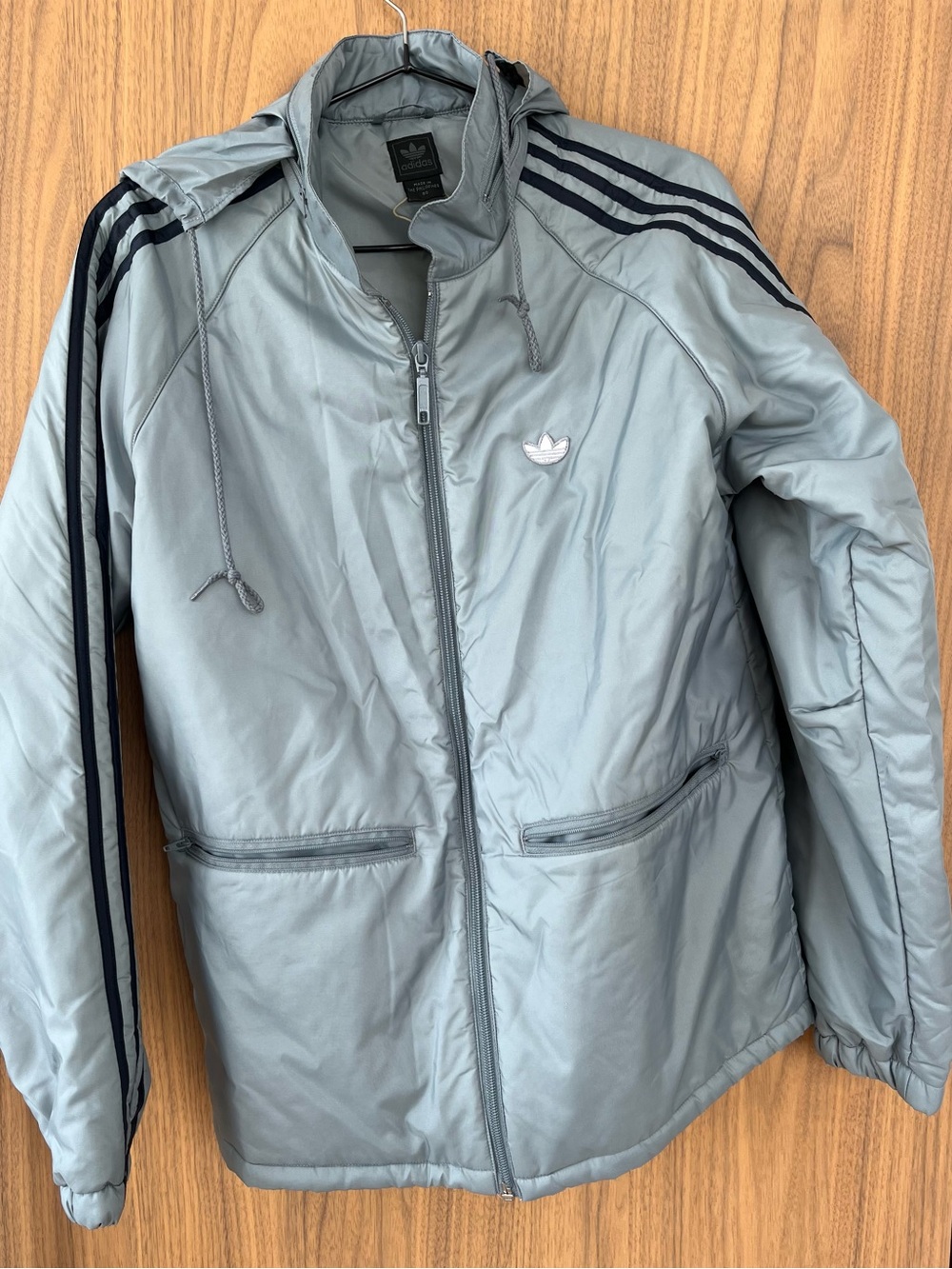 Adidas Woman’s Light Gray Windbreaker Jacket with Navy Stripes Size S